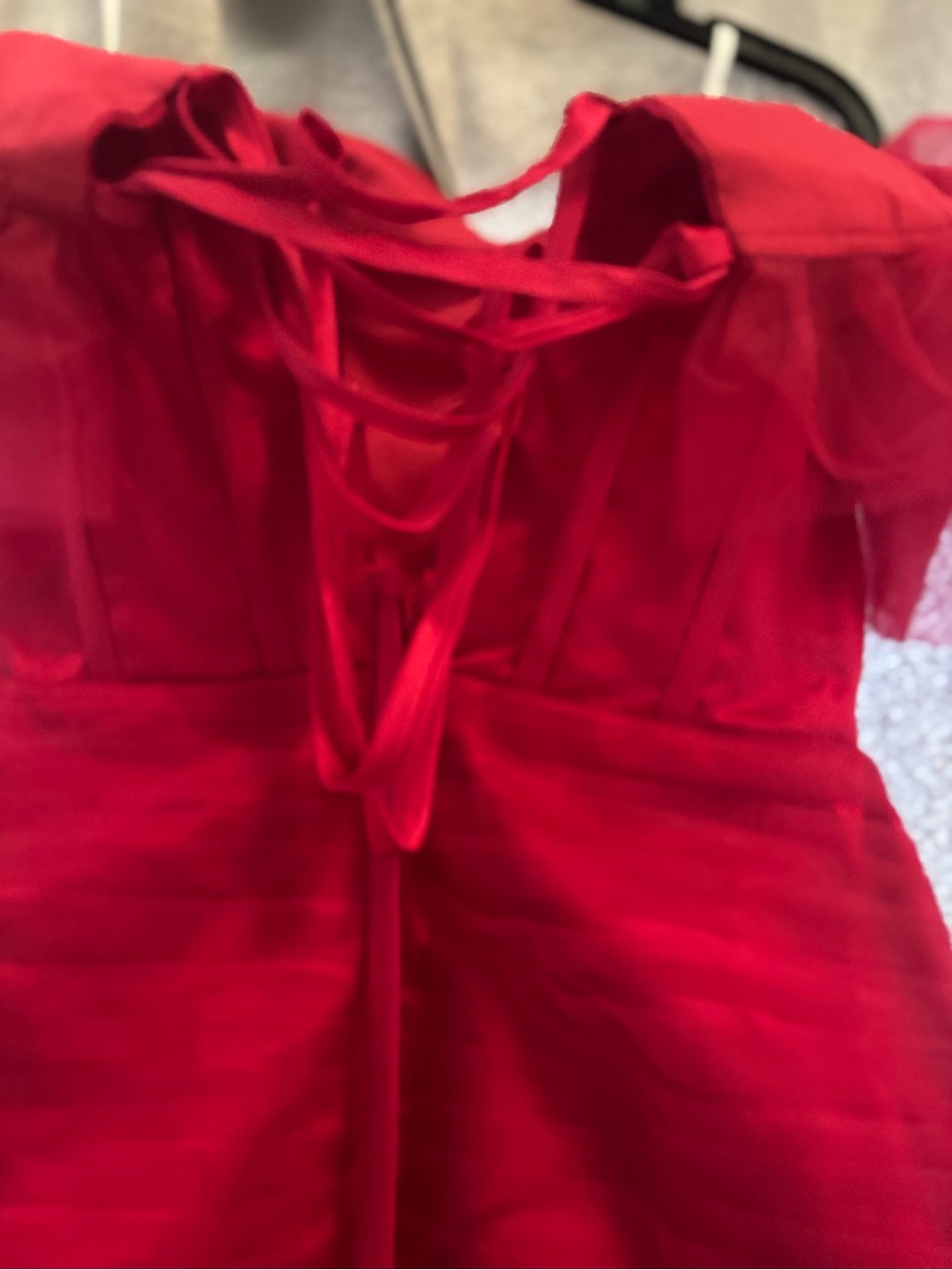 Red Tulle Ruffle Off-Shoulder Gown - Picture 4 of 6